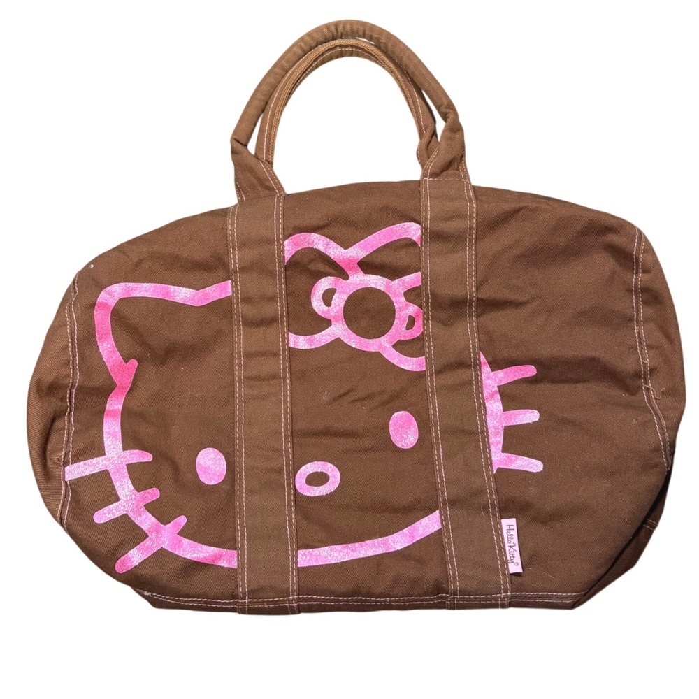 Sanrio Hello Kitty Brown Pink Glitter Canvas Duffle Bag Y2K Vintage 2008 Travel